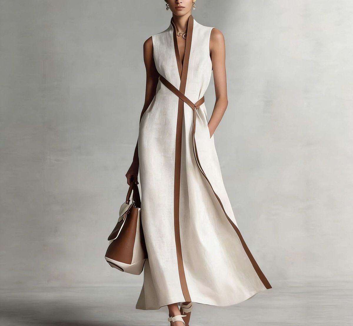 Women's Sleeveless Stand Collar A-Line Dress, Casual Contrast Color Loose Fit Summer Maxi Dress, Breathable Cotton Blend Dress For Daily Wear_ecoleips.com