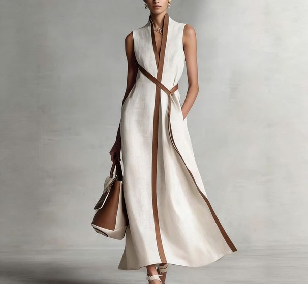 Women's Sleeveless Stand Collar A-Line Dress, Casual Contrast Color Loose Fit Summer Maxi Dress, Breathable Cotton Blend Dress For Daily Wear_ecoleips.com