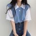 Summer Preppy Style Women's Color Block Polo Collar Top Faux Two Piece Short Sleeve T-Shirt Lazy Loose Casual Versatile_ecoleips.com