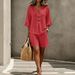 Women's Casual Cotton Top And Shorts Set V Neck Ruffle Three Quarter Sleeve Button Detail European American Style Summer Wear_ecoleips.com