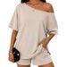 Colorful Fashion Women's 2 Piece Set Casual Round Neck Off Shoulder Loose T-Shirt And ShortsRelaxed Everyday Wear Versatile Comfortable Feshion Trend_ecoleips.com