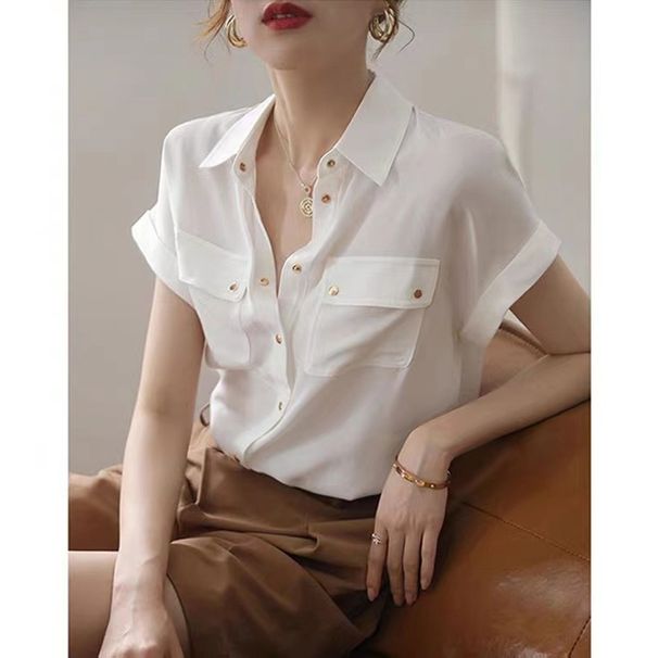 2025 New Summer Collared With Elegant Design, Hong Kong Style Retro Top, Stylish Women's Short-Sleeve Curled-Edge Shirt_ecoleips.com