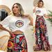 Women's Clothing Fashion Print Two Piece Suit Round Neck Short Sleeved Top Loose And Comfortable Trousers Wide Leg Pants_ecoleips.com
