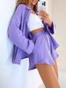 Women's Clothing Pure Cotton Long Sleeved Commuting Solid Color Shirt Shorts Casual Suit_ecoleips.com