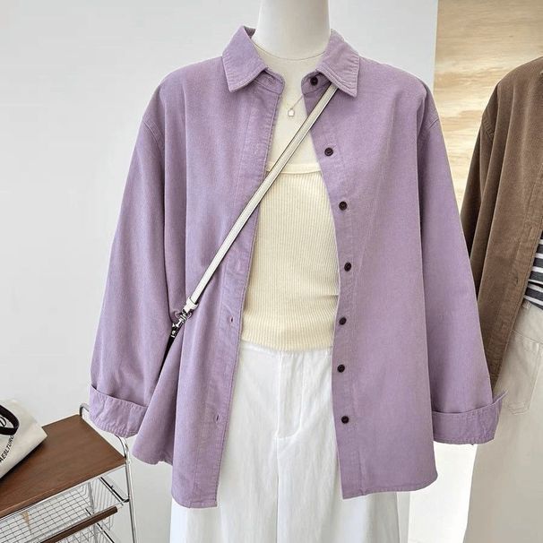 Women's Corduroy Shirt Jacket - Oversized Long Sleeve Button-Down Shirt With Lapel Collar, Mid-Length Fall Winter Casual Blouse In Classic Purple_ecoleips.com