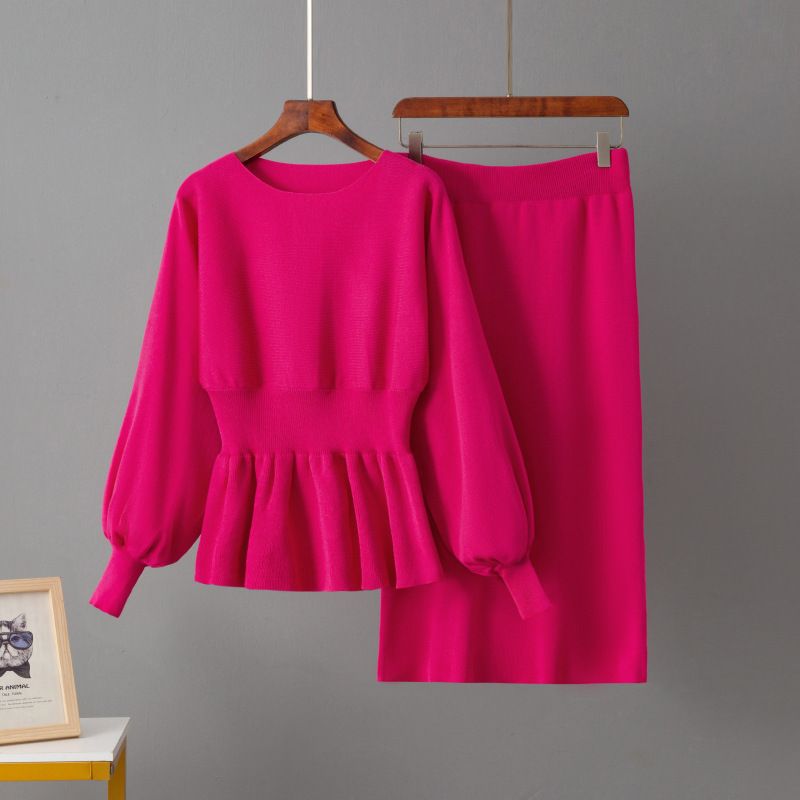 Women's Spring Casual Knitted Two Piece Suit round Neck Solid Color Slimming Hip Waist Woolen Skirt Fashion Set_ecoleips.com