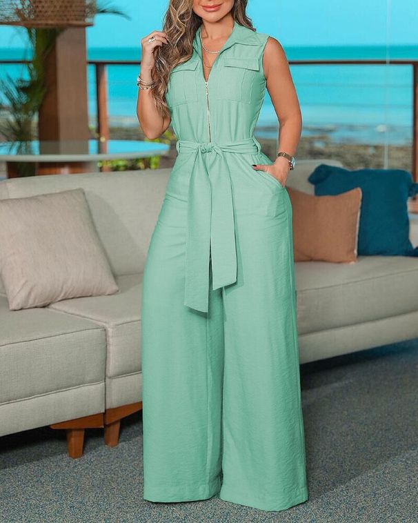 Women's Clothing women's elegant shirt collar sleeveless solid color zipper strap wide leg jumpsuit_ecoleips.com