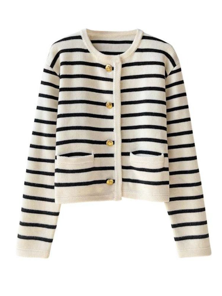 K Gold Button Contrasting Striped Round Neck Knitted Cardigan For Women, Loose Short Style, Outer Sweater Jacket_ecoleips.com