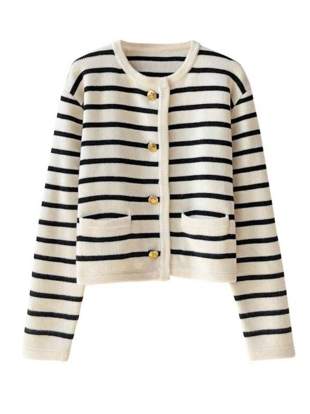 K Gold Button Contrasting Striped Round Neck Knitted Cardigan For Women, Loose Short Style, Outer Sweater Jacket_ecoleips.com