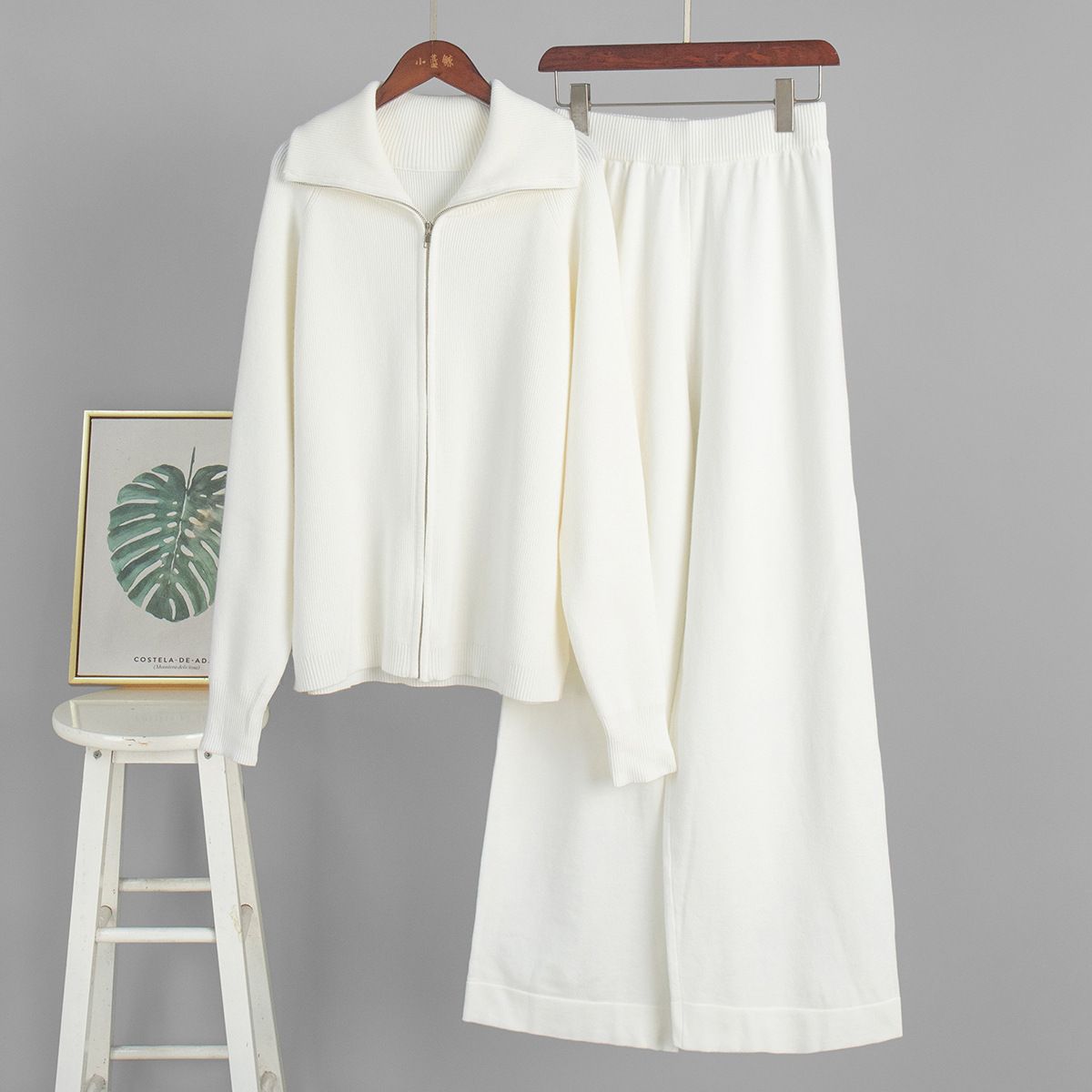 Women's Knitted Cardigan Sweater Set With Wide Leg Trousers Zip Up American Style Fashion Autumn Winter_ecoleips.com