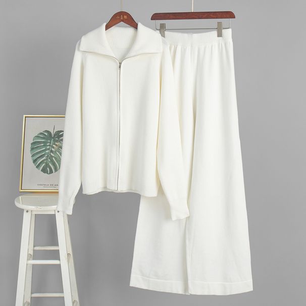 Women's Knitted Cardigan Sweater Set With Wide Leg Trousers Zip Up American Style Fashion Autumn Winter_ecoleips.com