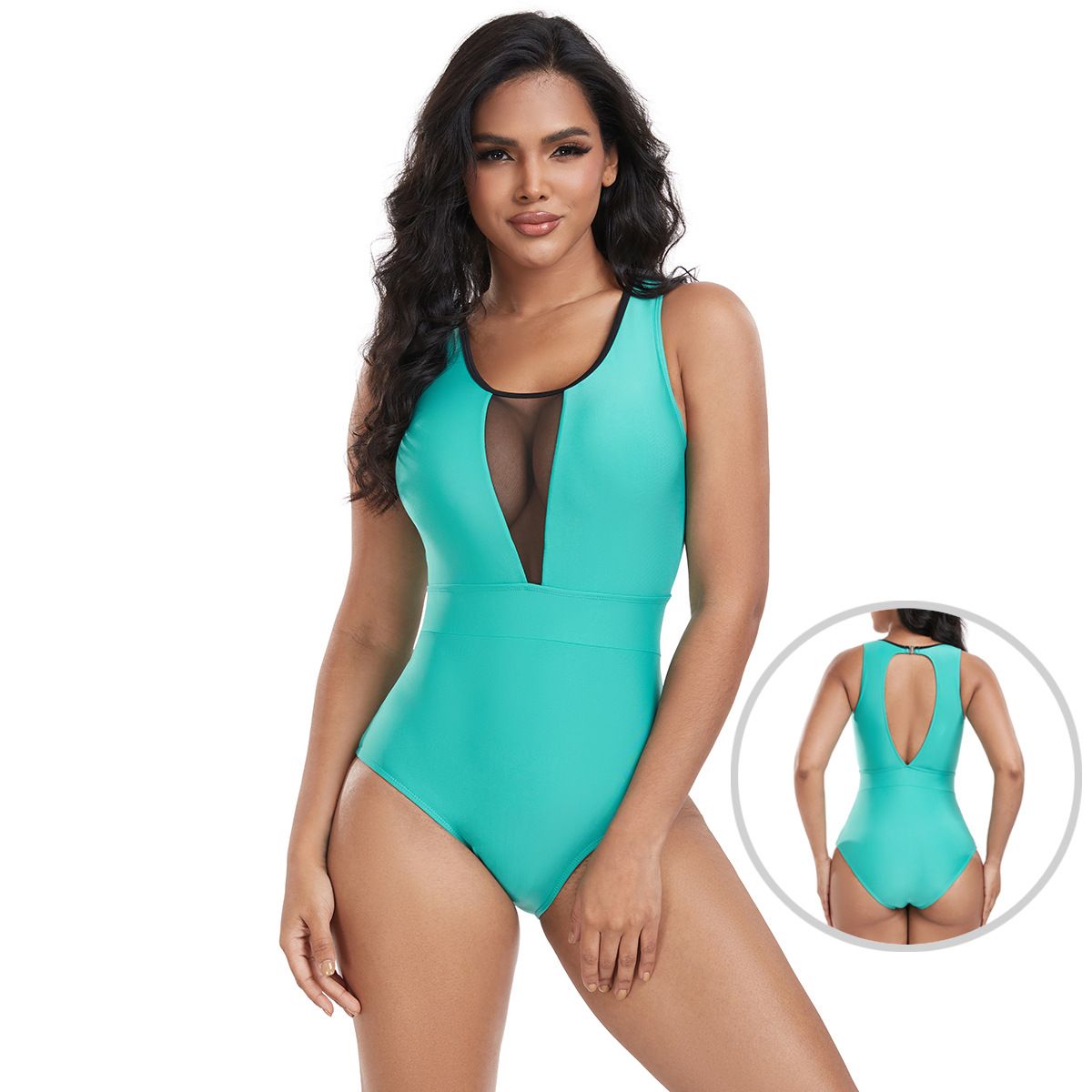 New One-piece Swimsuit Conservative Solid Color Patchwork Bodysuit Women_ecoleips.com