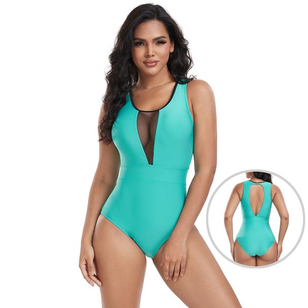 New One-piece Swimsuit Conservative Solid Color Patchwork Bodysuit Women_ecoleips.com