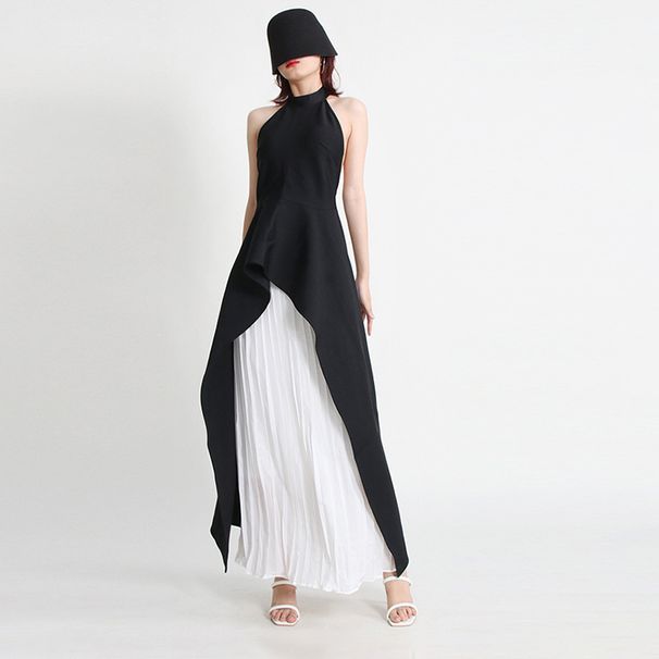 Women's Halter Neck Two Piece Dress Set Sleeveless Black White Color Block Irregular_ecoleips.com