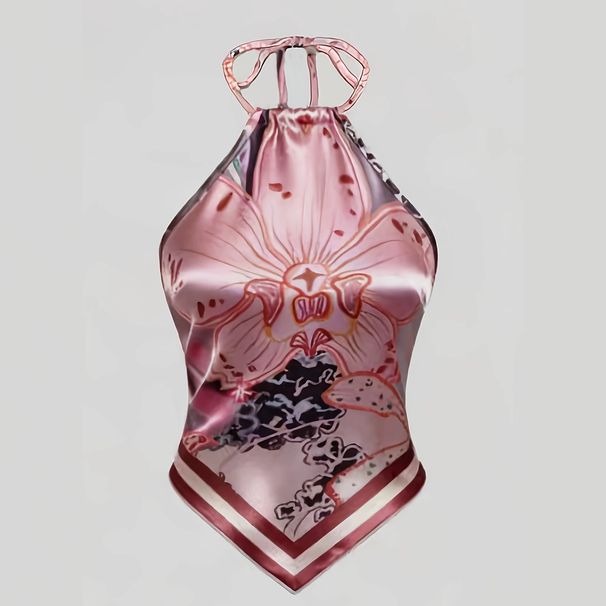 Women's Floral Print Halter Neck Camisole Spring Summer Pure Alluring Back Tie Open Back Design Tank Tops_ecoleips.com