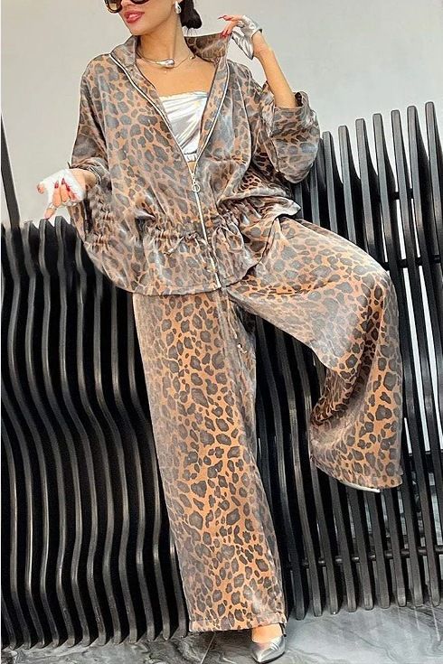 Women's Leopard Print Lounge Set Long Sleeve Notch Collar Top Drawstring Waist Pants Casual Outfit for Fall Winter_ecoleips.com