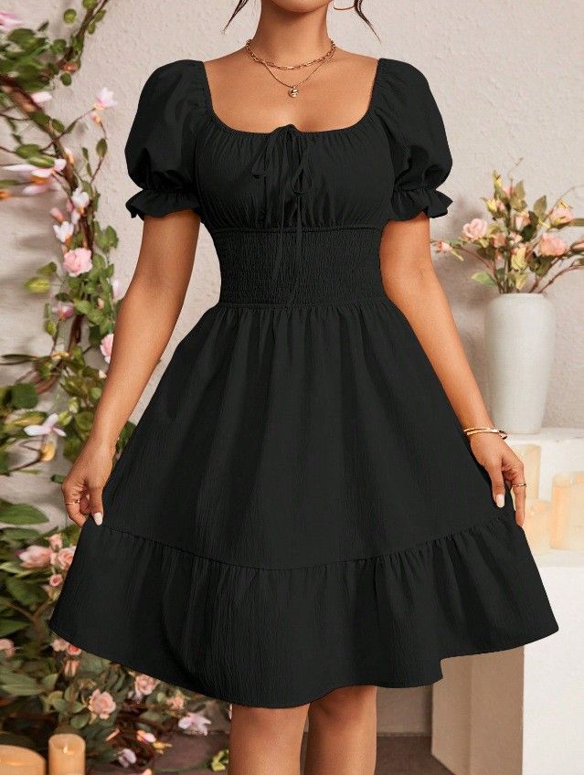2026 Women Square Neck Short Sleeve Dress, Ruched Ruffled A Line Summer Fashion Dress_ecoleips.com