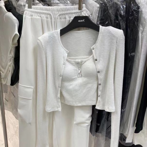 Women's Korean Style Slim Fit Long Sleeve Cardigan Camisole Two Piece Casual Set Autumn New Thin_ecoleips.com