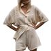 New European American Style Casual Short Sleeve V-Neck Hollow Out Shirt And Shorts Solid Color Sports Two-Piece_ecoleips.com