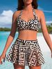 Tropical Floral Print Halter Neck Bikini Set Backless Mesh Skirt And Pants Two Piece Sexy Vacation Style for Women_ecoleips.com