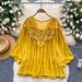 Elegant Royal Style Blouse for Women Lantern Sleeve Long Top Sheer Hollow Embroidery Chic Autumn Wear Mature Fashion_ecoleips.com