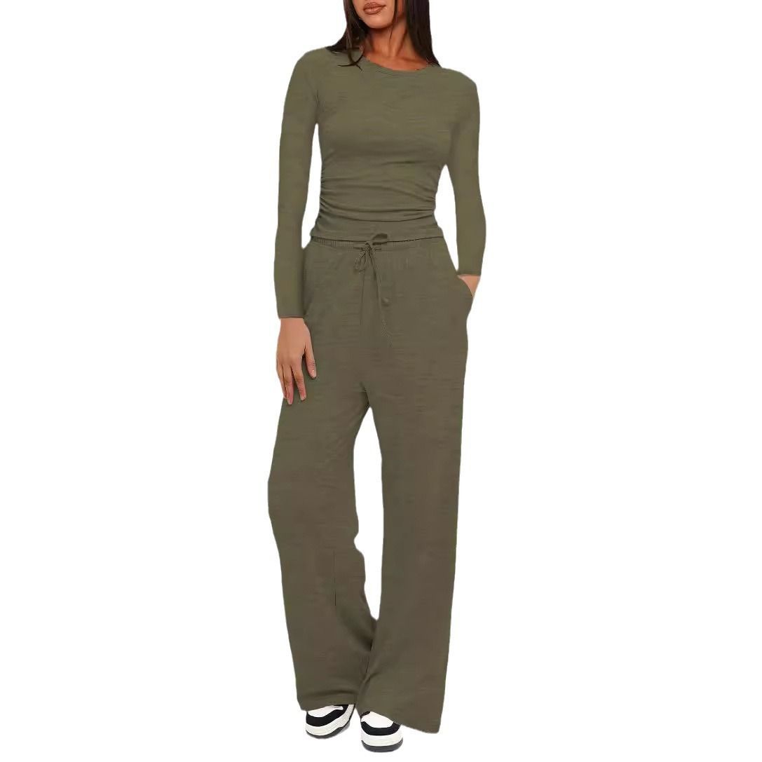 New Solid Color Casual Long Sleeve Suit Top High Waist Wide-Leg Pants Sportswear_ecoleips.com