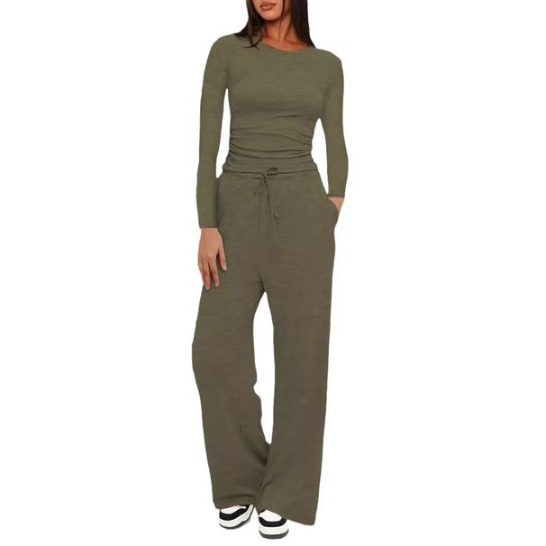 New Solid Color Casual Long Sleeve Suit Top High Waist Wide-Leg Pants Sportswear_ecoleips.com