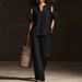 Women's Linen-Blend Distressed V-Neck Two-Piece Set Relaxed Casual Top And Shorts Outfit_ecoleips.com