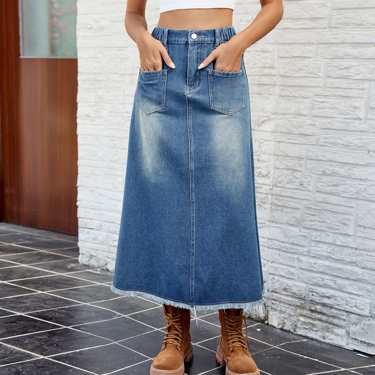 Women's Clothing Spring And Summer Washed Raw Edge Denim Skirt Mid Length Skirt_ecoleips.com