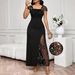 Women's Clothing Women's Slim Fit Lace Patchwork Dress With Waist Cinching Solid Color Square Neck Sequin Long Skirt_ecoleips.com