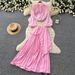 Women's Elegant Two Piece Set with Red Lantern Sleeve Three Dimensional Floral Design Fitted Waist Pleated Skirt for Spring_ecoleips.com
