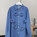 Retro Denim Shirt Jacket – Oversized Boyfriend Style With Floral Embroidery (One Size, Polo Collar, Light/Indigo Wash)_ecoleips.com