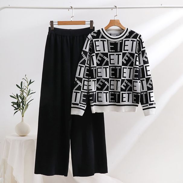 Women's Clothing fashion suit round neck loose jacquard slim long sleeve sweater high waist wide leg pants knitted two piece suit_ecoleips.com
