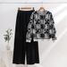 Women's Clothing fashion suit round neck loose jacquard slim long sleeve sweater high waist wide leg pants knitted two piece suit_ecoleips.com