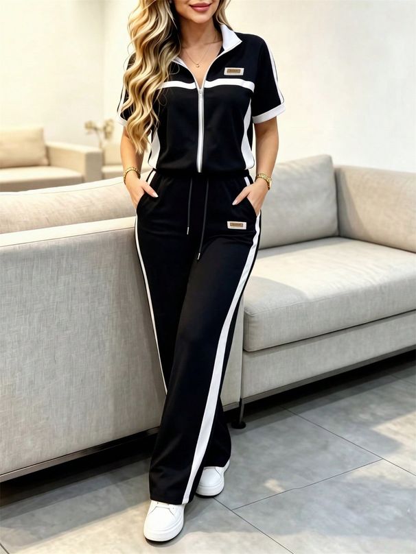Women's Casual Suit Color Blocked Short Sleeved Jacket & Striped Straight Leg Trousers Spring/Summer New Arrivals_ecoleips.com