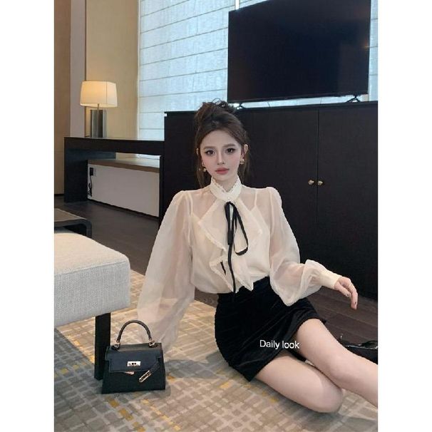 French-style Elegant Blouse For Women, Autumn And Winter Court-style Ruffled Lace Base Shirt With Puff Sleeves_ecoleips.com