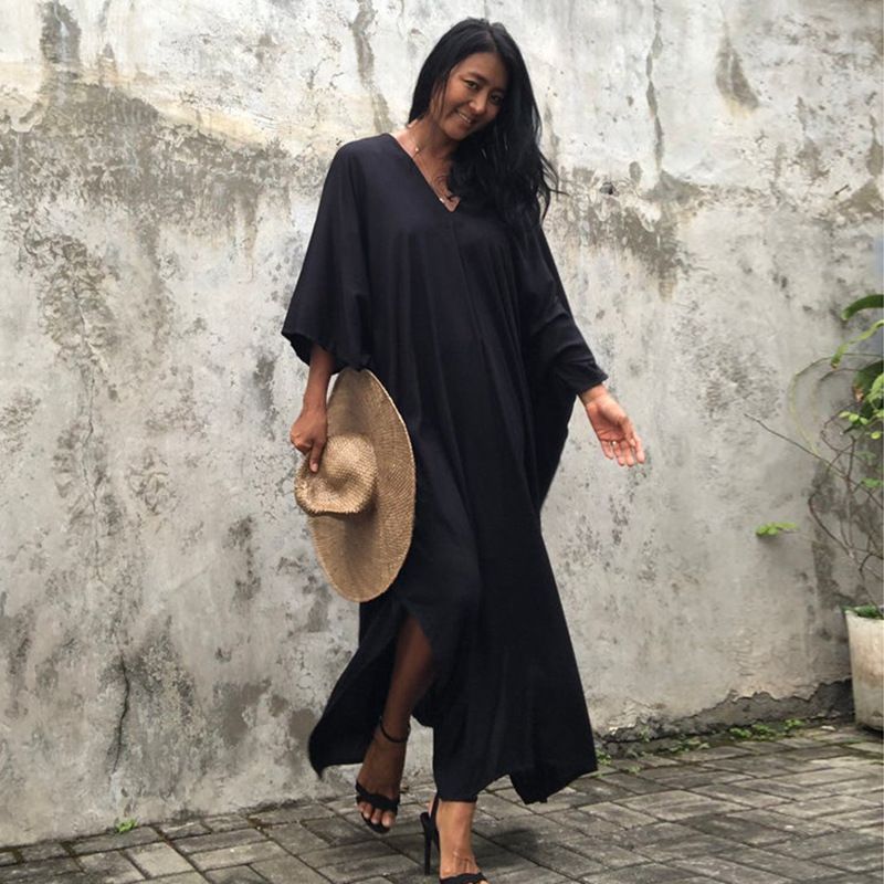 Women's Clothing New Style Rayon Solid Color Blouse Seaside Vacation Long Skirt Loose Blouse Bikini Swimsuit Robe Outer Wear For Women_ecoleips.com