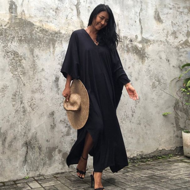 Women's Clothing New Style Rayon Solid Color Blouse Seaside Vacation Long Skirt Loose Blouse Bikini Swimsuit Robe Outer Wear For Women_ecoleips.com