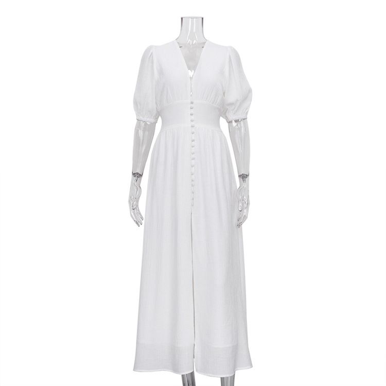 Elegant Women's Dress with Puff Sleeves Slimming Long Skirt with Slit New Fashionable Clothing_ecoleips.com