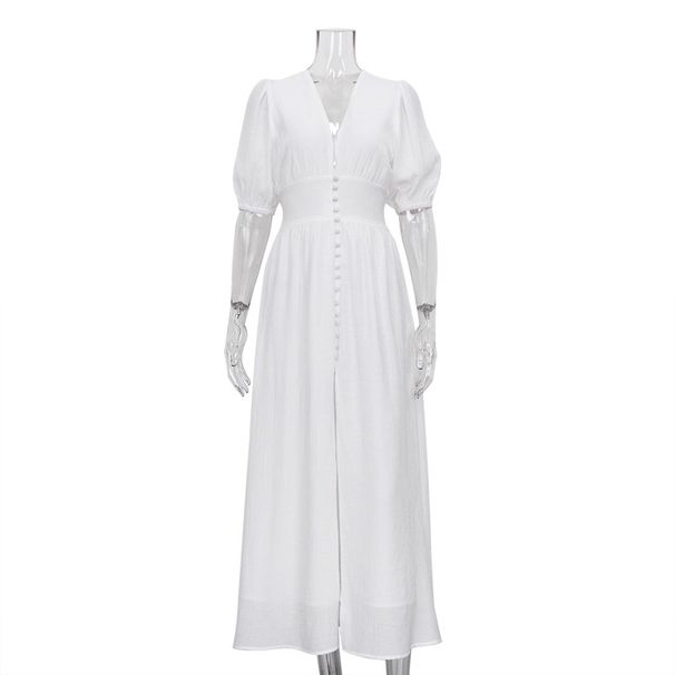Elegant Women's Dress with Puff Sleeves Slimming Long Skirt with Slit New Fashionable Clothing_ecoleips.com