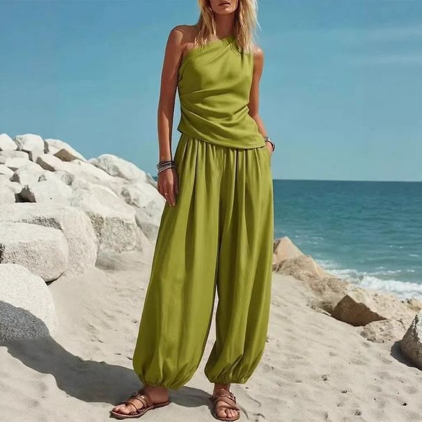 Women's Summer Casual Solid Color Sleeveless Vest And High Waist Trousers Set High Waist Loose Fit_ecoleips.com