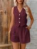 Women's Clothing Women's Sleeveless Button-Front Top & Shorts Set - Solid Color Casual Outfit_ecoleips.com