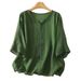 New Chinese Style Cotton-Linen Embroidered V-Neck Short-Sleeve Top, Summer Loose Casual Elegant Mid-Sleeve T-Shirt For W_ecoleips.com