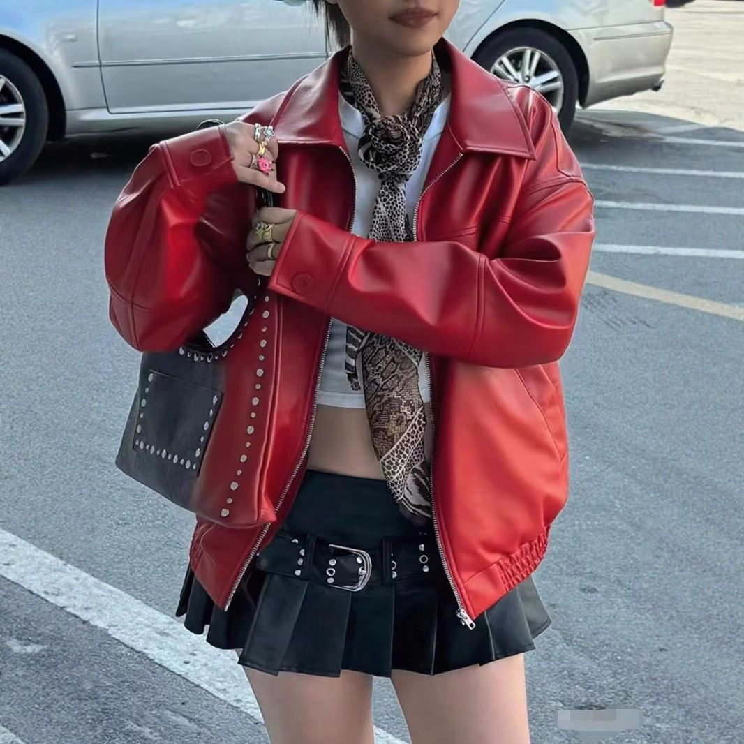 Women's Clothing Retro Motorcycle Leather Jacket Temperament Red Plus Size Available New_ecoleips.com