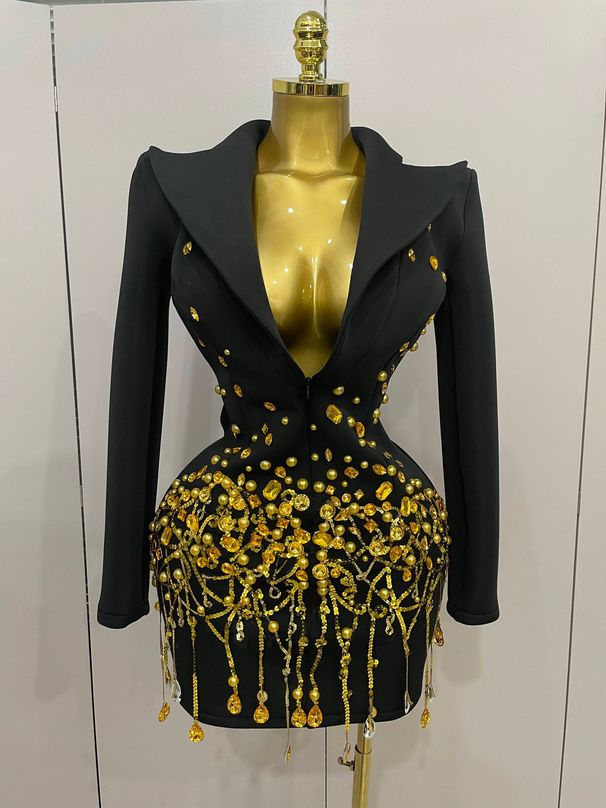 Sparkly Crystal Cha Pearls Long Sleeve Mini Dress 2025 Women Birthday Evening Party Nightclub Outfit Singer Wedding Costume F0SC_ecoleips.com