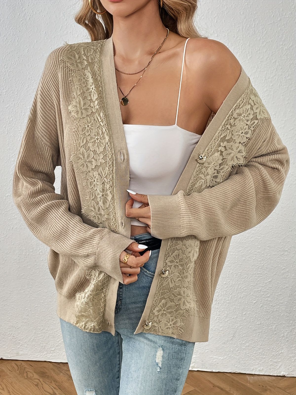 Sexy Knit Cardigan Set – Chic Open-Front Acrylic Sweater With Lace Trim (Khaki, S/M/L)_ecoleips.com