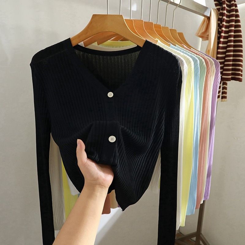 Women's Clothing V Neck Knitted Cardigan Women's Outerwear Jacket Spring And Summer Thin Shawl Sun Protection Top_ecoleips.com