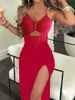 Women's Clothing Elegant Split-Chain Hollow Backless V-Neck Bodycon Dress For Women - Slim Fit Sleeveless Clubwear In Black/Red/Purple/Blue (S/M/L/XL)_ecoleips.com