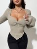 Women's Square Collar T-shirt With Bell Sleeves Knotted Hem Texture Long Sleeve Short Style Ribbed Knit Top_ecoleips.com