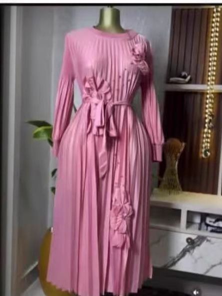 Women's Floral Dress European American Style High-End Beaded Tie Waist Lantern Sleeve Pleated Long Sophisticated Skirt_ecoleips.com